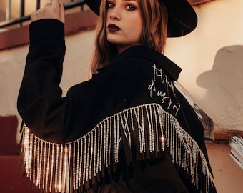 Black Rhinestone Fringe Personalized Denim Jacket | Collar Detail | Bride Jacket | Future Mrs. | Bachelorette Party Jacket | Cropped Denim