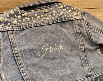 Little Girls EMBROIDERED Personalized Blue Pearl Denim Jacket | Flower Girl Jean Jacket | Baby Denim Jacket | Toddler Denim Jacket