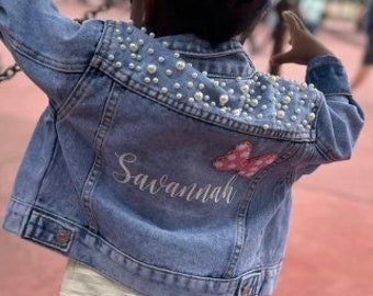 Little Girls Personalized Blue Pearl Denim Jacket | Flower Girl Jean Jacket | Baby Denim Jacket | Toddler Denim Jacket| Custom Girls Clothes