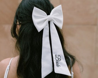 Personalized Embroidered White Satin Hair Bow for Bride | Bridal Bow Wedding Hair Accessory for Bride | Bachelorette Party Custom Hair Bow