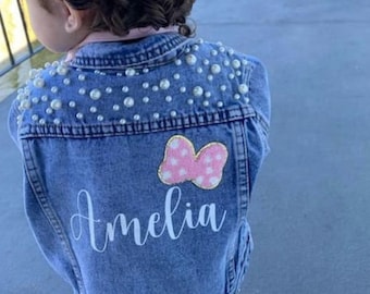 Custom Name Pearl Denim Jacket Personalized Name Kid Toddler Jean Jacket Custom Jean Jacket Kids Gift Flower Girl Jacket