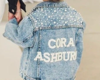 Little Girls Personalized Blue Pearl Denim Jacket | Flower Girl Jean Jacket | Baby Denim Jacket | Toddler Denim Jacket| Custom Girls Clothes