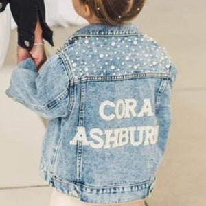 Little Girls Personalized Blue Pearl Denim Jacket | Flower Girl Jean Jacket | Baby Denim Jacket | Toddler Denim Jacket| Custom Girls Clothes