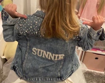 Little Girls Personalized Blue Pearl Denim Jacket | Flower Girl Jean Jacket | Matching Bride Jacket | Toddler Denim Jacket| Flower Girl Gift