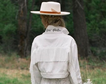 White Fringe Personalized Denim Jacket | Collar Detail | Bride Jacket | Future Mrs. | Bachelorette Party Jacket | Cropped Denim Jacket