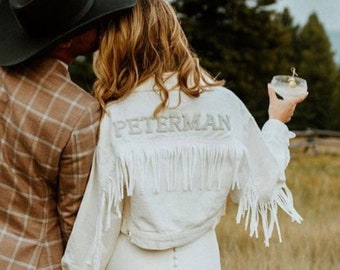 Personalized Fringe Bride Jacket | Custom Mrs. Jean Jacket | Nashville Bachelorette | Rodeo Bach | Bride Gift | Wifey Denim | Wedding Jacket