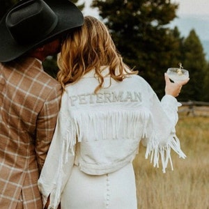 Personalized Fringe Bride Jacket | Custom Mrs. Jean Jacket | Nashville Bachelorette | Rodeo Bach | Bride Gift | Wifey Denim | Wedding Jacket