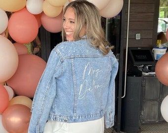 Wedding Bride Pearl Denim Jacket Personalized Custom with Mrs Future Last Name Date on Collar Bridal Gift Honeymoon Jacket