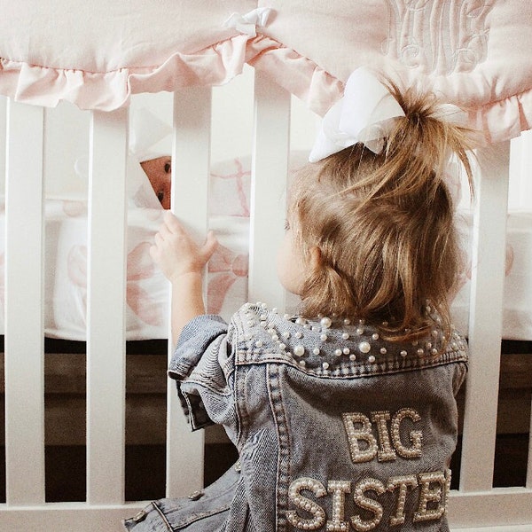 Little Girls Personalized Blue Pearl Denim Jacket | Big Sister Jean Jacket | Baby Denim Jacket | Toddler Denim Jacket| Custom Girls Clothes