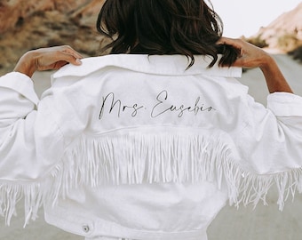 White Fringe Personalized Denim Jacket | Collar Detail | Bride Jacket | Future Mrs. | Bachelorette Party Jacket | Cropped Denim Jacket