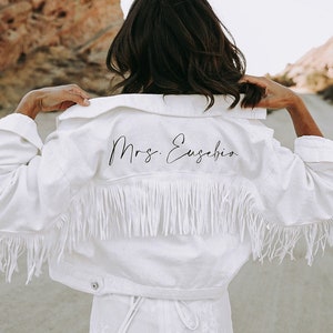 White Fringe Personalized Denim Jacket Western Bride Nashville Bachelorette Custom Bride Jacket Rodeo Personalized image 1