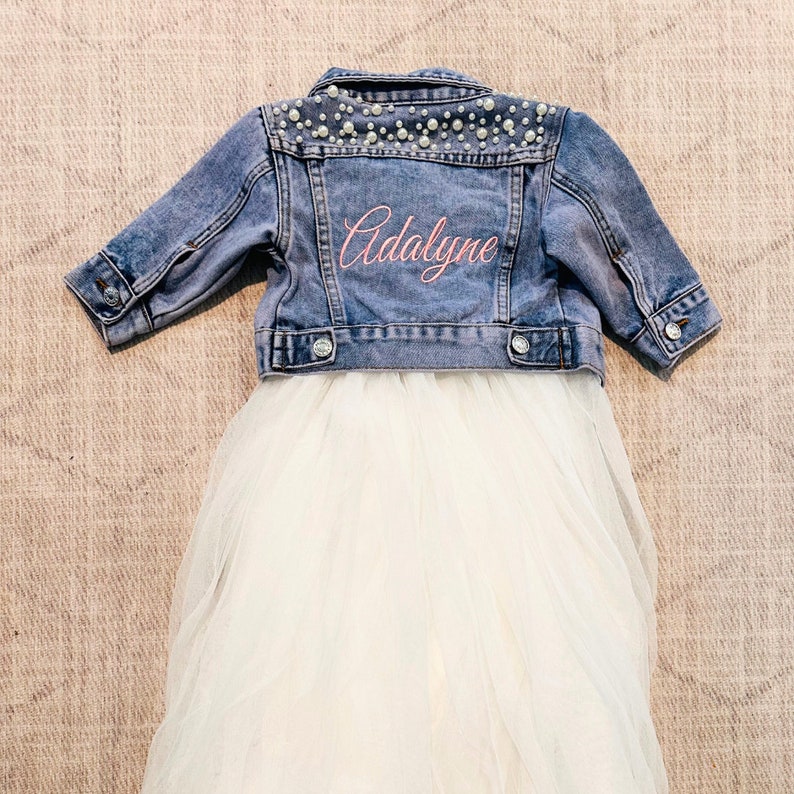 Little Girls Personalized Blue Pearl Denim Jacket Embroidered Flower Girl Jean Jacket Baby Toddler Denim Jacket Custom Girls Clothes image 2