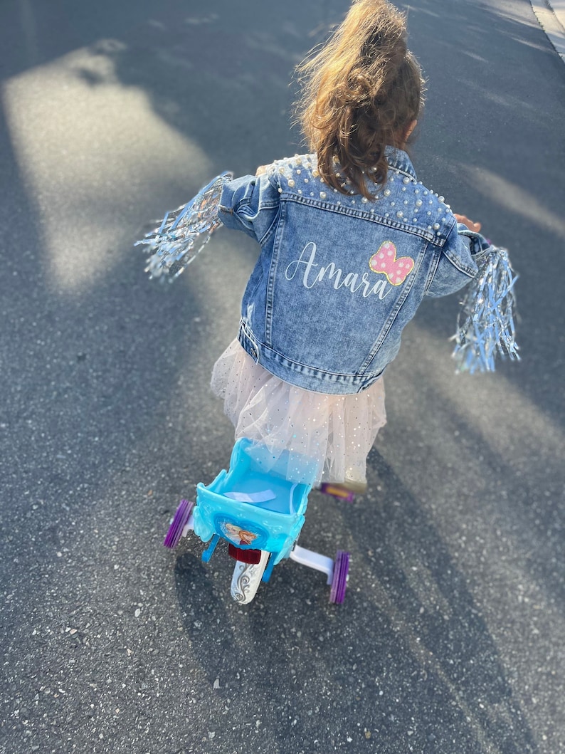 Little Girls Personalized Blue Pearl Denim Jacket Flower Girl Jean Jacket Baby Denim Jacket Toddler Denim Jacket Custom Girls Clothes image 3