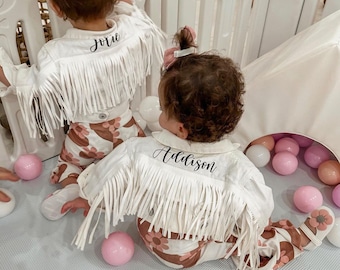 Veste en jean blanche personnalisée à franges pour petites filles | Veste en jean pour fille fleurie | Veste en jean pour bébé | Veste en jean pour tout-petit| Vêtements fille personnalisés
