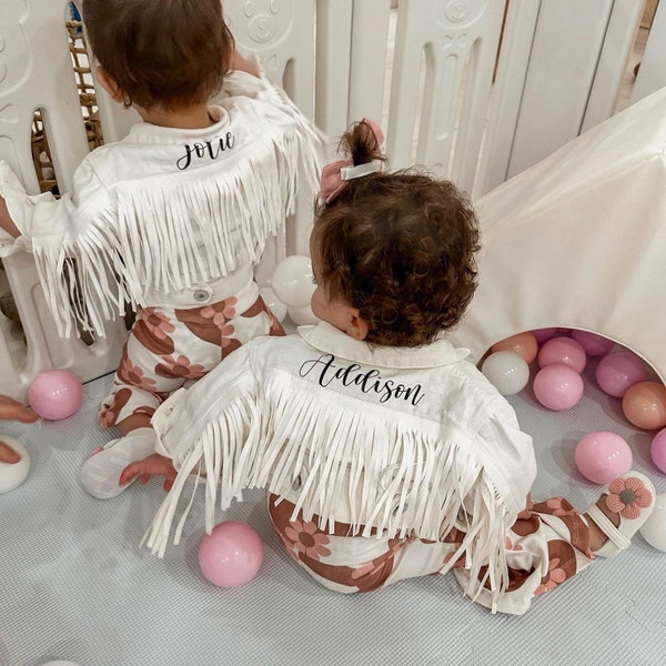 Little Girls Personalized White Fringe Denim Jacket |Flower Girl Jean Jacket |Baby Denim Jacket | Toddler Denim Jacket| Custom Girls Clothes