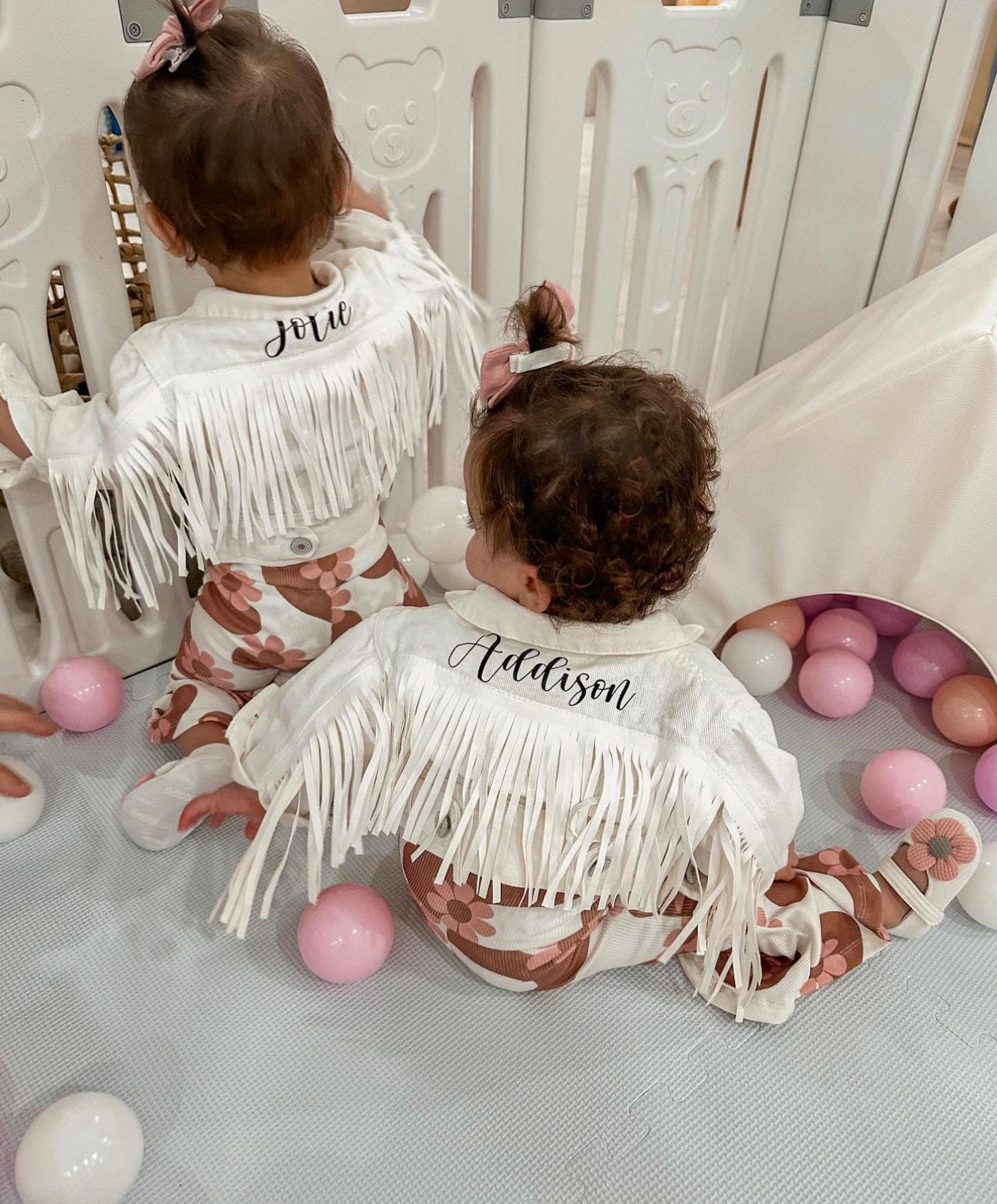 Little Girls Personalized White Fringe Denim Jacket |flower