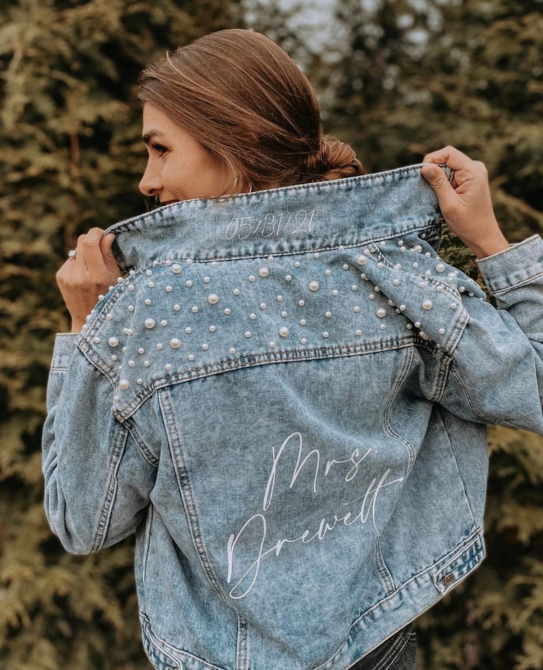 PERSONALIZED Statement Denim Bridal Jacket | Custom Name | Pearl Detailing | MRS Jacket | Custom Date Placement on Collar | Bride Gift
