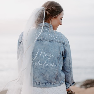 Mrs Pearl Jean Jacket Custom Bride Jean Jacket Mrs Denim Jacket Personalized Jean Jacket Bridal Gift Bridal Pearls image 2