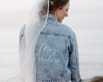 Bridal Denim Jacket with Pearls, Mrs Pearl Jean Jacke | Bridal Jean jacket| Wedding Gift | Wifey Jackets | Custom Jacket Bride