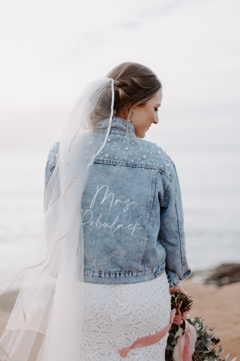 Mrs Pearl Jean Jacket Custom Bride Jean Jacket Mrs Denim Jacket Personalized Jean Jacket Bridal Gift Bridal Pearls image 2