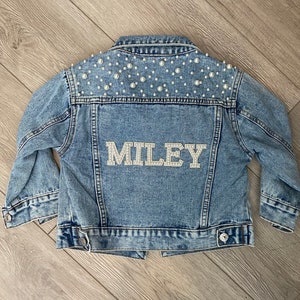 Little Girls Personalized Blue Pearl Denim Jacket Flower Girl Jean Jacket Baby Denim Jacket Toddler Denim Jacket Custom Girls Clothes image 2