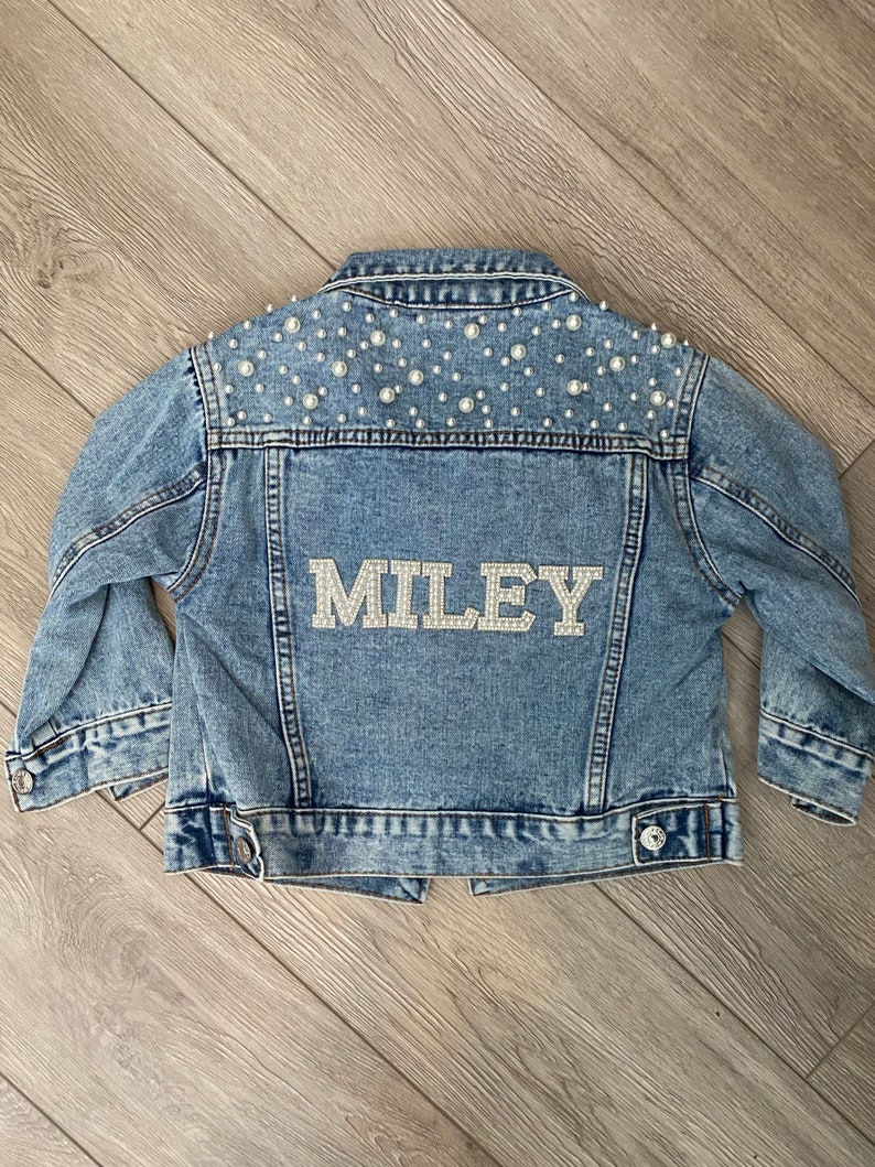 Little Girls Personalized Blue Pearl Denim Jacket Big Sister Jean Jacket Baby Denim Jacket Toddler Denim Jacket Custom Girls Clothes image 3