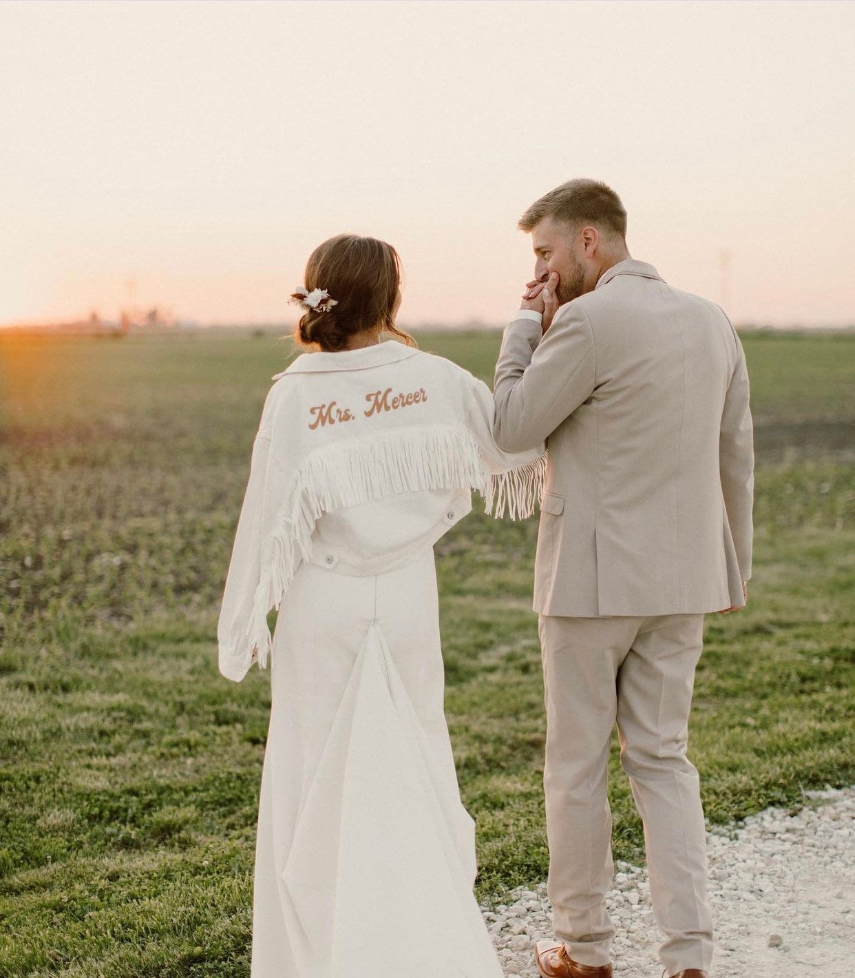 Buy Personalized White Fringe Crop Denim Jacket Tan Groovy Bride
