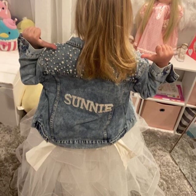 Little Girls Personalized Blue Pearl Denim Jacket Flower Girl Jean Jacket Matching Bride Jacket Toddler Denim Jacket Flower Girl Gift