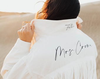 White Fringe Personalized Denim Jacket | Custom Bride Jacket | Future Mrs. Jean Jacket | Bachelorette Party Jacket | Bridal Gift | Wedding