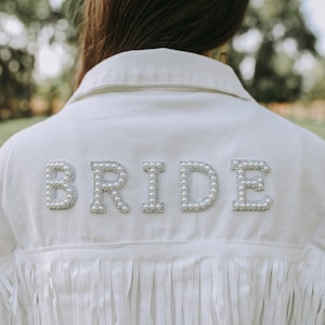 White Fringe Pearl & Rhinestone Denim Jacket | Personalized Bride Jacket | Custom Mrs. Jean Jacket | Wifey Denim | Wedding Jacket