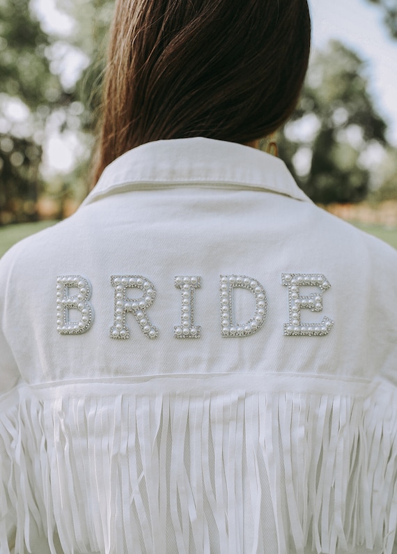 White Fringe Pearl Rhinestone Denim Jacket Personalized Bride Jacket Custom Mrs. Jean Jacket Wifey Denim Wedding Jacket Etsy