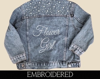 Personalized Denim Jacket | Embroidered Flower Girl Pearl Jacket