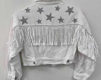 White Fringe Rhinestone Star Denim Jacket | Personalized Bride Jacket | Custom Mrs. Jean Jacket | Wifey Denim | Wedding Jacket | Nashville
