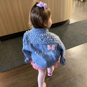 Little Girls Personalized Blue Pearl Denim Jacket Flower Girl Jean Jacket Baby Denim Jacket Toddler Denim Jacket Custom Girls Clothes image 1