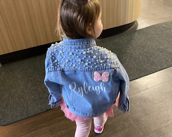 Little Girls Personalized Blue Pearl Denim Jacket | Flower Girl Jean Jacket | Baby Denim Jacket | Toddler Denim Jacket| Custom Girls Clothes