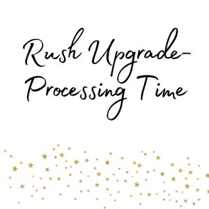 May include: White background with the text "Rush Upgrade Processing Time" in elegant black script. A scattering of gold stars decorates the bottom of the image, adding a touch of festivity. The design is simple yet eye-catching.