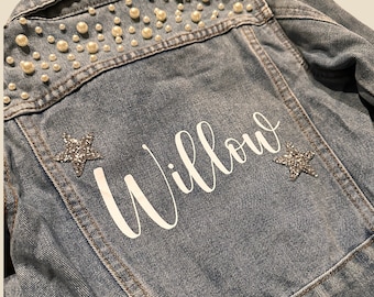 Little Girls Personalized Blue Pearl Denim Jacket | Flower Girl Jean Jacket | Baby Denim Jacket | Toddler Denim Jacket| Custom Girls Clothes
