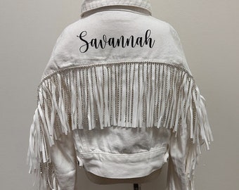 Little Girls Personalized White Fringe Denim Jacket |Flower Girl Jean Jacket |Baby Denim Jacket | Toddler Denim Jacket| Custom Girls Clothes