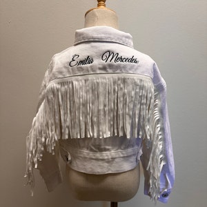Little Girls EMBROIDERED Personalized White Fringe Denim Jacket |Flower Girl Jean Jacket |Baby Denim Jacket | Toddler Denim Jacket| Custom