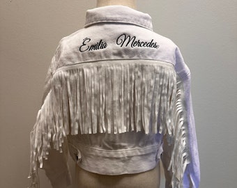 Little Girls EMBROIDERED Personalized White Fringe Denim Jacket |Flower Girl Jean Jacket |Baby Denim Jacket | Toddler Denim Jacket| Custom