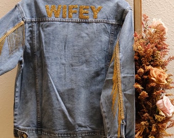 Boyfriend Fit Gold Fringe Custom Bride Denim Jacket | Personalized Mrs. Jacket | Jean Jacket | Collar Detail | Gift for Bride