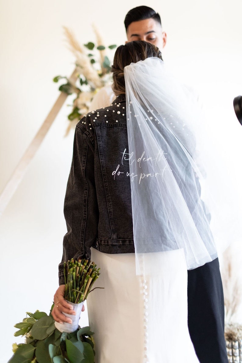 PERSONALIZED Black Denim Statement Denim Bridal Jacket Customized Wedding Jean Jacket Bridal Denim Jacket Pearl MRS Jacket image 3