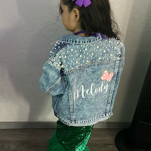 Little Girls Personalized Blue Pearl Denim Jacket Flower Girl Jean Jacket Baby Denim Jacket Toddler Denim Jacket Custom Girls Clothes image 2