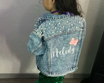 Little Girls Personalized Blue Pearl Denim Jacket | Flower Girl Jean Jacket | Baby Denim Jacket | Toddler Denim Jacket| Custom Girls Clothes