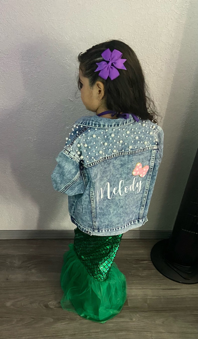 Little Girls Personalized Blue Pearl Denim Jacket Flower Girl Jean Jacket Baby Denim Jacket Toddler Denim Jacket Custom Girls Clothes image 2