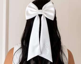 Bride Embroidered White Satin Hair Bow for Bride | Bridal Bow Wedding Hair Accessory for Bride | Bachelorette Party Hair Bow