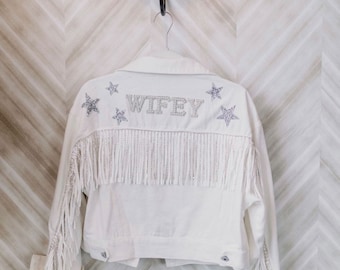 White Fringe Pearl & Rhinestone Denim Jacket with Stars | Rhinestone Fringe |  Bride Jacket |Custom Mrs. Jean Jacket |Wifey Denim