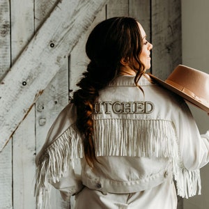 White Fringe Pearl & Rhinestone Denim Jacket  | Rhinestone Fringe |  Bride Jacket |Custom Mrs. Jean Jacket |Wifey Denim