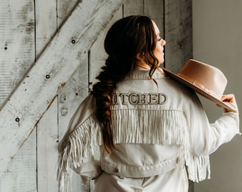 White Fringe Pearl & Rhinestone Denim Jacket  | Western Bride | Nashville Bachelorette | Custom Bride Jacket | Rodeo |Personalized