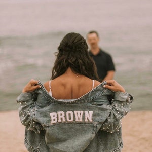 Blue Pearl Sleeve Personalized Denim Jacket | Varsity Patches | Bride Jacket | Future Mrs. | Bachelorette Party Jacket